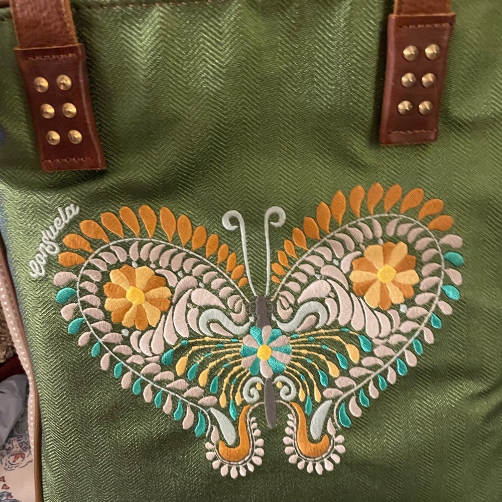 Consuela green embroidered tote bag